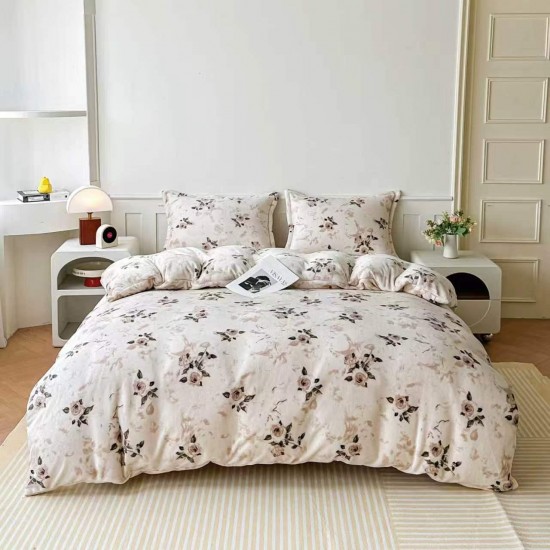 Lenjerie Cocolino 4 Piese Pat Dublu cu Cearșaf cu Elastic – Model Floral Crem, LEC-096 Lenjerii Cocolino 4 piese cu ELASTIC