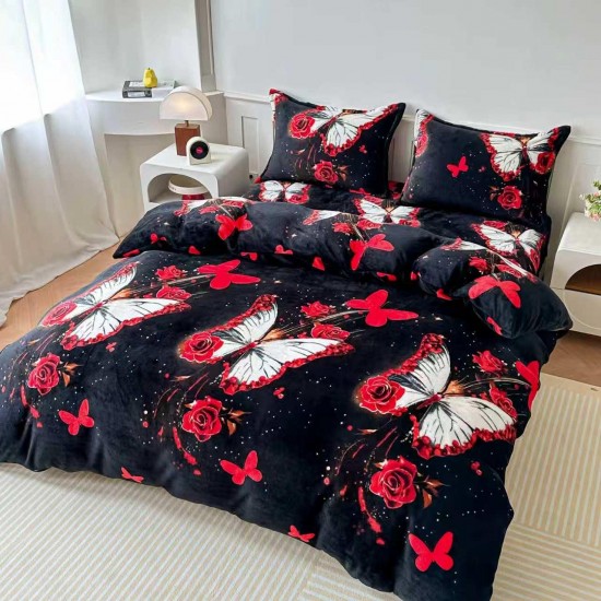 Lenjerie Cocolino 4 Piese Pat Dublu cu Cearșaf cu Elastic – Model Fluturi și Trandafiri Roșii pe Negru, LEC-119 Lenjerii Cocolino 4 piese cu ELASTIC