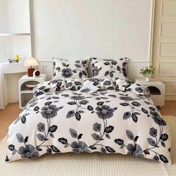 Lenjerie Cocolino 4 Piese Pat Dublu cu Cearșaf cu Elastic – Model Floral Alb-Negru, LEC-143