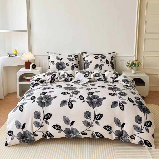 Lenjerie Cocolino 4 Piese Pat Dublu cu Cearșaf cu Elastic – Model Floral Alb-Negru, LEC-143 Lenjerii Cocolino 4 piese cu ELASTIC