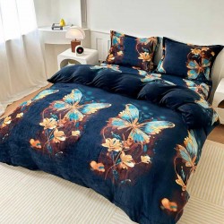 Lenjerie Cocolino 4 Piese Pat Dublu cu Cearșaf cu Elastic – Model Fluturi Turcoaz pe Bleumarin, LEC-146