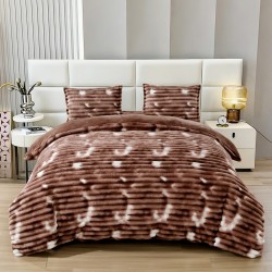 Set Lenjerie Pufoasă Cocolino cu Elastic 4 Piese, Pat Dublu, Alb - Bej, Model Dungi Reliefati, LEC-151