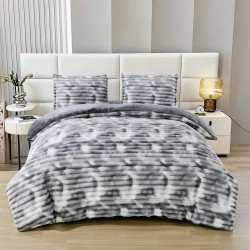 Set Lenjerie Pufoasă Cocolino cu Elastic 4 Piese, Pat Dublu, Alb - Gri, Model Dungi Reliefati, LEC-148