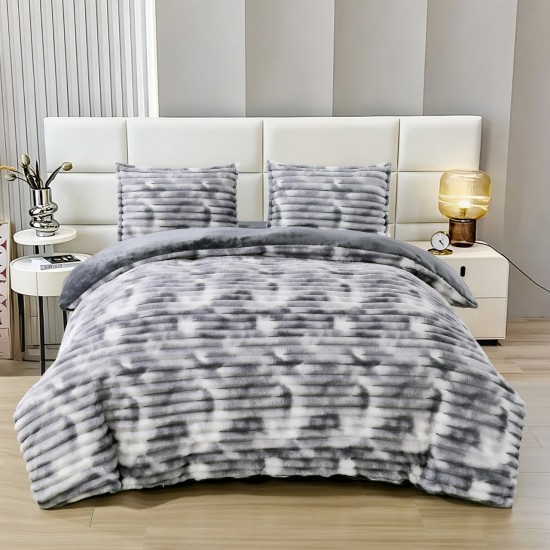 Set Lenjerie Pufoasă Cocolino cu Elastic 4 Piese, Pat Dublu, Alb - Gri, Model Dungi Reliefati, LEC-148 Lenjerii Cocolino 4 piese cu ELASTIC