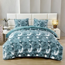 Set Lenjerie Pufoasă Cocolino cu Elastic 4 Piese, Pat Dublu, Alb - Albastru Petrol, Model Dungi Reliefati, LEC-149