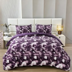 Set Lenjerie Pufoasă Cocolino cu Elastic 4 Piese, Pat Dublu, Alb - Mov, Model Dungi Reliefati, LEC-150
