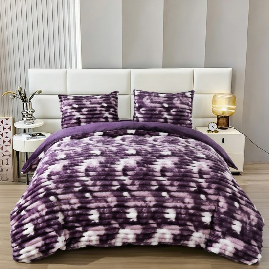 Set Lenjerie Pufoasă Cocolino cu Elastic 4 Piese, Pat Dublu, Alb - Mov, Model Dungi Reliefati, LEC-150 Lenjerii Cocolino 4 piese cu ELASTIC