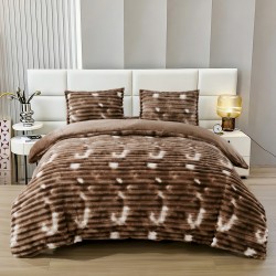 Set Lenjerie Pufoasă Cocolino cu Elastic 4 Piese, Pat Dublu, Maro, Model Dungi Reliefati, LEC-147