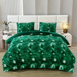 Set Lenjerie Pufoasă Cocolino cu Elastic 4 Piese, Pat Dublu, Alb - Verde, Model Dungi Reliefati, LEC-152