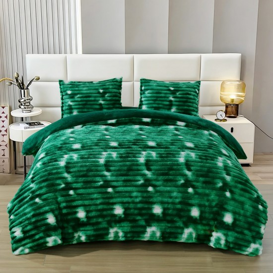 Set Lenjerie Pufoasă Cocolino cu Elastic 4 Piese, Pat Dublu, Alb - Verde, Model Dungi Reliefati, LEC-152 Lenjerii Cocolino 4 piese cu ELASTIC