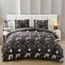 Set Lenjerie Pufoasă Cocolino cu Elastic 4 Piese, Pat Dublu, Alb - Gri Inchis, Model Dungi Reliefati, LEC-153