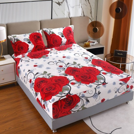 Cearșaf Cocolino cu Elastic + 2 Fețe de Pernă – Model Trandafiri Roșii pe Alb, HDC-002 3 huse cocolino 199 lei