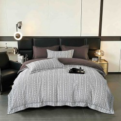 Lenjerie de Pat Dublu LUX 6 Piese din Finet cu Cearșaf cu Elastic – Model Geometric Gri Antracit, LPL-026