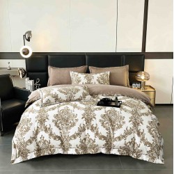 Lenjerie de Pat Dublu LUX 6 Piese din Finet cu Cearșaf cu Elastic – Model Damasc Bej Cappuccino, LPL-017