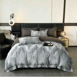 Lenjerie de Pat Dublu LUX 6 Piese din Finet cu Cearșaf cu Elastic – Model Modern Gri Antracit, LPL-021