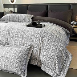 Lenjerie de Pat Dublu LUX 6 Piese din Finet cu Cearșaf cu Elastic – Model Modern Gri Antracit, LPL-021