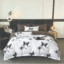 Lenjerie de Pat Dublu LUX 6 Piese din Finet cu Cearșaf cu Elastic – Model Fluturi Alb-Negru, LPL-031