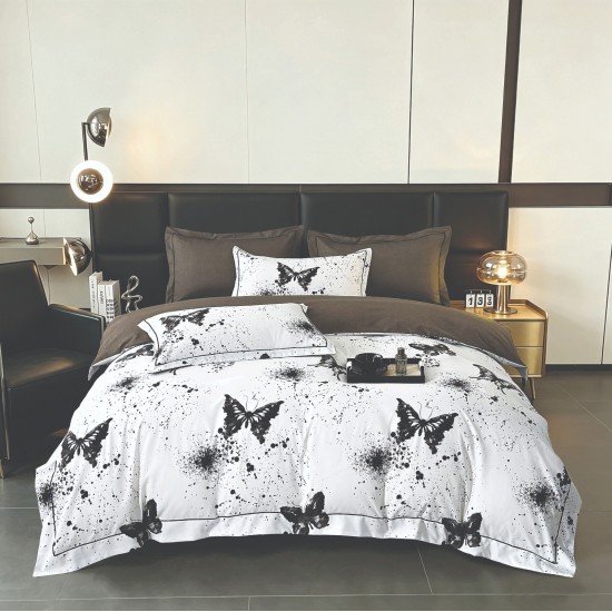 Lenjerie de Pat Dublu LUX 6 Piese din Finet cu Cearșaf cu Elastic – Model Fluturi Alb-Negru, LPL-031 Lenjerii Finet premium  lux cu elastic
