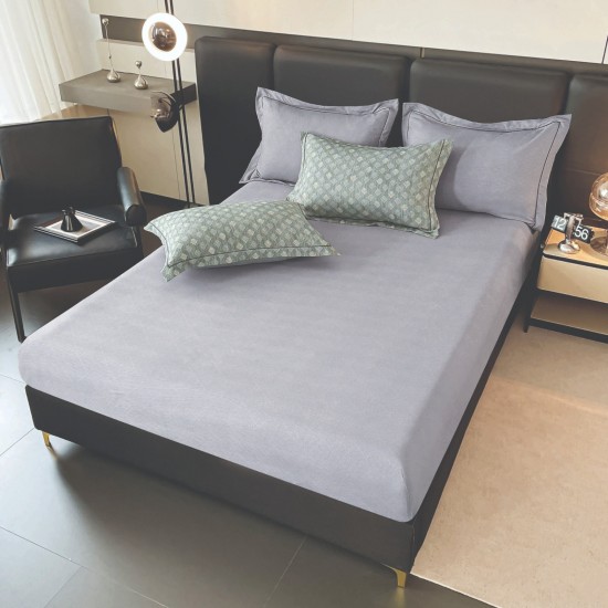 Lenjerie de Pat Dublu LUX 6 Piese din Finet cu Cearșaf cu Elastic – Model Geometric Verde Salvie și Gri, LPL-032 Lenjerii Finet premium  lux cu elastic
