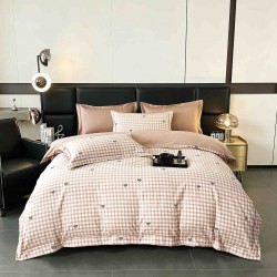 Lenjerie de Pat Dublu LUX 6 Piese din Finet cu Cearșaf cu Elastic – Model Carouri Bej cu Fundițe, LPL-033
