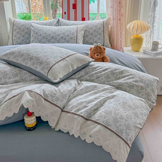 Lenjerie de Pat Premium 4 Piese, Bumbac 100%, cu Volănașe din Dantelă,Cearceaf Elastic– Model floral, LBB-001 Lenjerii 100% Bumbac