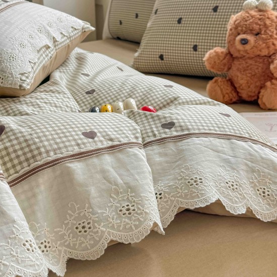 Lenjerie de Pat Premium 4 Piese, Bumbac 100%, cu Volănașe din Dantelă,Cearceaf Elastic– Bej - Negru, LBB-003 Lenjerii 100% Bumbac