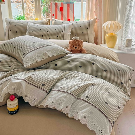 Lenjerie de Pat Premium 4 Piese, Bumbac 100%, cu Volănașe din Dantelă,Cearceaf Elastic– Bej - Negru, LBB-003 Lenjerii 100% Bumbac