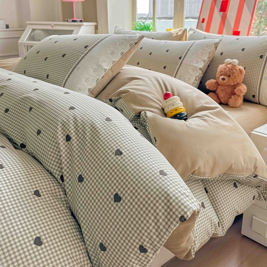 Lenjerie de Pat Premium 4 Piese, Bumbac 100%, cu Volănașe din Dantelă,Cearceaf Elastic– Bej - Negru, LBB-003 Lenjerii 100% Bumbac