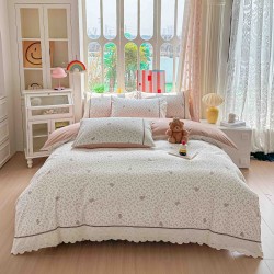 Lenjerie de Pat Premium 4 Piese, Bumbac 100%, cu Volănașe din Dantelă,Cearceaf Elastic– Crem - Roz, LBB-004