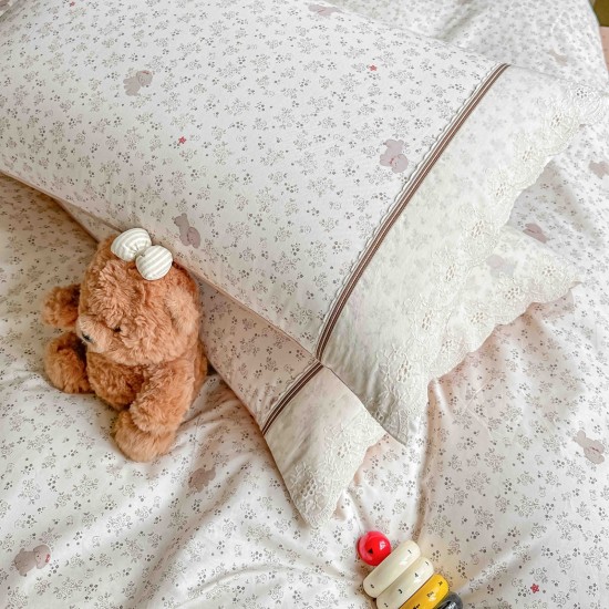 Lenjerie de Pat Premium 4 Piese, Bumbac 100%, cu Volănașe din Dantelă,Cearceaf Elastic– Crem - Roz, LBB-004 Lenjerii 100% Bumbac