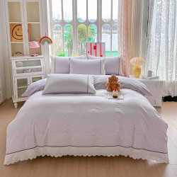 Lenjerie de Pat Premium 4 Piese, Bumbac 100%, cu Volănașe din Dantelă,Cearceaf Elastic– Lila, LBB-005