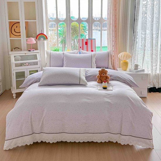 Lenjerie de Pat Premium 4 Piese, Bumbac 100%, cu Volănașe din Dantelă,Cearceaf Elastic– Lila, LBB-005 Lenjerii 100% Bumbac