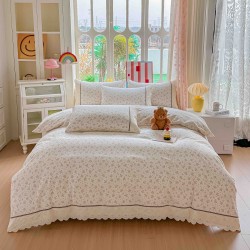 Lenjerie de Pat Premium 4 Piese, Bumbac 100%, cu Volănașe din Dantelă,Cearceaf Elastic– Crem - Roz, LBB-006