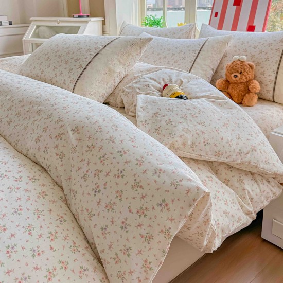 Lenjerie de Pat Premium 4 Piese, Bumbac 100%, cu Volănașe din Dantelă,Cearceaf Elastic– Crem - Roz, LBB-006 Lenjerii 100% Bumbac