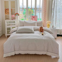 Lenjerie de Pat Premium 4 Piese, Bumbac 100%, cu Volănașe din Dantelă,Cearceaf Roz - Salvie, LBB-007