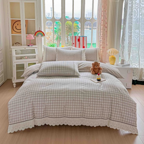 Lenjerie de Pat Premium 4 Piese, Bumbac 100%, cu Volănașe din Dantelă,Cearceaf Roz - Salvie, LBB-007 Lenjerii 100% Bumbac