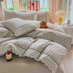 Lenjerie de Pat Premium 4 Piese, Bumbac 100%, cu Volănașe din Dantelă,Cearceaf Roz - Salvie, LBB-007