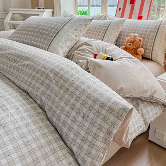 Lenjerie de Pat Premium 4 Piese, Bumbac 100%, cu Volănașe din Dantelă,Cearceaf Roz - Salvie, LBB-007 Lenjerii 100% Bumbac
