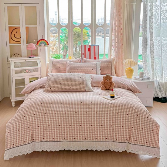Lenjerie de Pat Premium 4 Piese, Bumbac 100%, cu Volănașe din Dantelă,Cearceaf Roz - Bej, LBB-008 Lenjerii 100% Bumbac