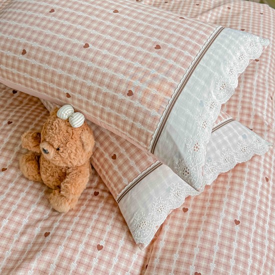 Lenjerie de Pat Premium 4 Piese, Bumbac 100%, cu Volănașe din Dantelă,Cearceaf Roz - Bej, LBB-008 Lenjerii 100% Bumbac