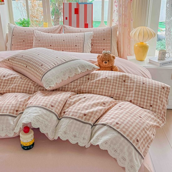 Lenjerie de Pat Premium 4 Piese, Bumbac 100%, cu Volănașe din Dantelă,Cearceaf Roz - Bej, LBB-008 Lenjerii 100% Bumbac
