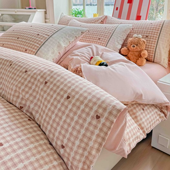 Lenjerie de Pat Premium 4 Piese, Bumbac 100%, cu Volănașe din Dantelă,Cearceaf Roz - Bej, LBB-008 Lenjerii 100% Bumbac