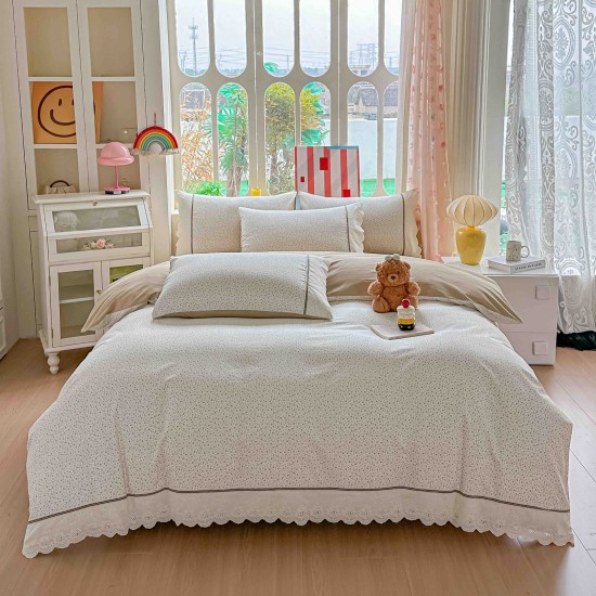 Lenjerie de Pat Premium 4 Piese, Bumbac 100%, cu Volănașe din Dantelă,Cearceaf Crem - Bej, LBB-011 Lenjerii 100% Bumbac