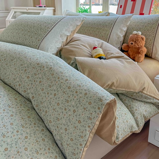Lenjerie de Pat Premium 4 Piese, Bumbac 100%, cu Volănașe din Dantelă,Cearceaf Verde - Crem, LBB-014 Lenjerii 100% Bumbac