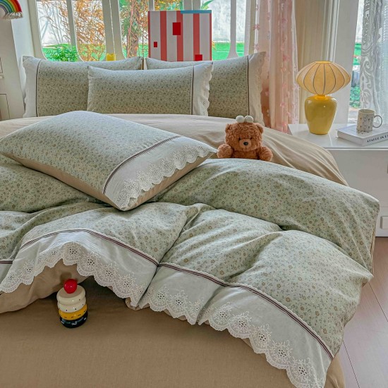 Lenjerie de Pat Premium 4 Piese, Bumbac 100%, cu Volănașe din Dantelă,Cearceaf Verde - Crem, LBB-014 Lenjerii 100% Bumbac