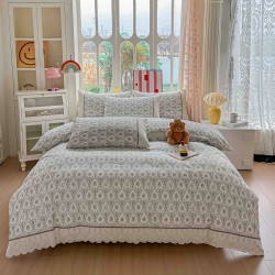 Lenjerie de Pat Premium 4 Piese, Bumbac 100%, cu Volănașe din Dantelă,Cearceaf Gri, LBB-018