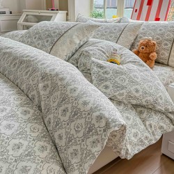 Lenjerie de Pat Premium 4 Piese, Bumbac 100%, cu Volănașe din Dantelă,Cearceaf Gri, LBB-018