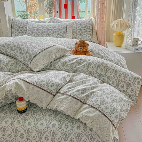 Lenjerie de Pat Premium 4 Piese, Bumbac 100%, cu Volănașe din Dantelă,Cearceaf Gri, LBB-018 Lenjerii 100% Bumbac