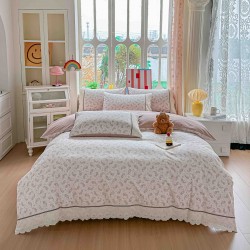 Lenjerie de Pat Premium 4 Piese, Bumbac 100%, cu Volănașe din Dantelă,Cearceaf Roz - Crem, LBB-019