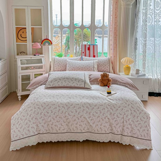 Lenjerie de Pat Premium 4 Piese, Bumbac 100%, cu Volănașe din Dantelă,Cearceaf Roz - Crem, LBB-019 Lenjerii 100% Bumbac